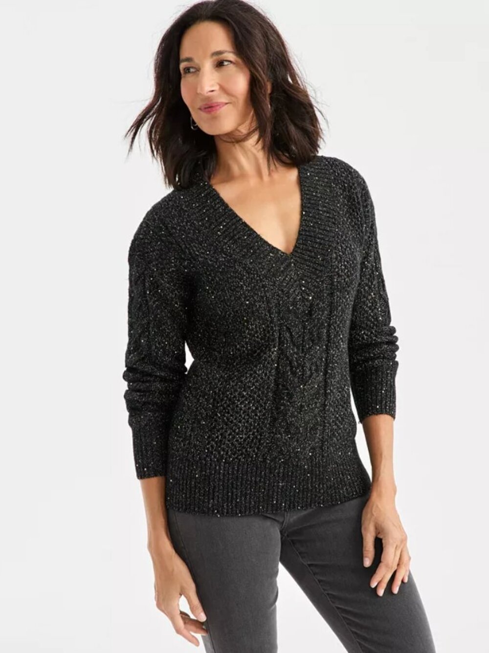 NWT STYLE & CO. WOMANS SEQUIN V NECK CABLE KNIT PULLOVER SWEATER